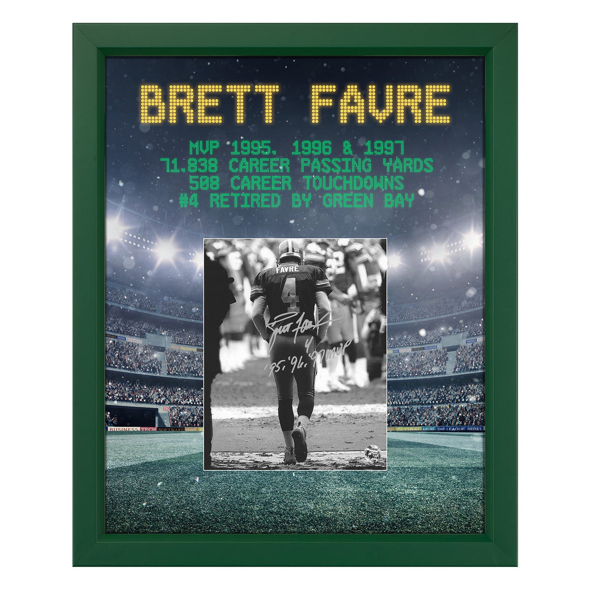Brett Favre Signed Green Bay Football Stadium Graphic 19x23 Frame product image 1, provided for visual reference and product