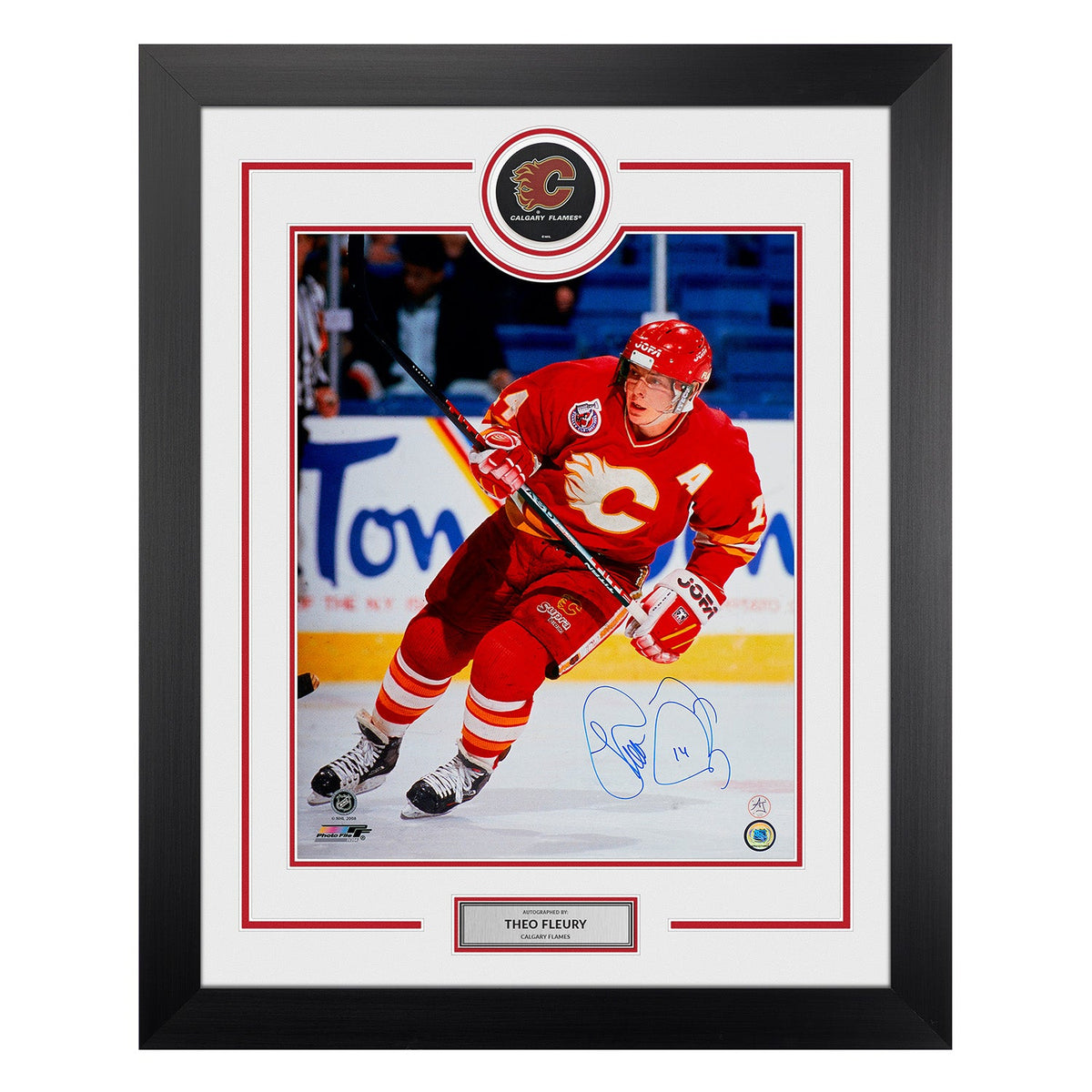 Theo Fleury Signed Calgary Flames Puck Logo 26x32 Frame product image 1, provided for visual reference and product detail