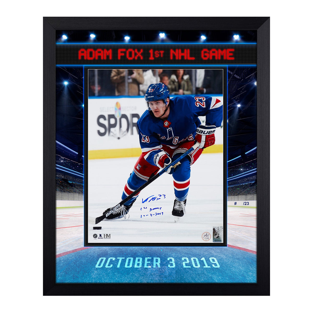 Adam Fox New York Rangers Signed & Dated 1st Game Graphic 18x22 Frame #/23 product image 1, provided for visual reference
