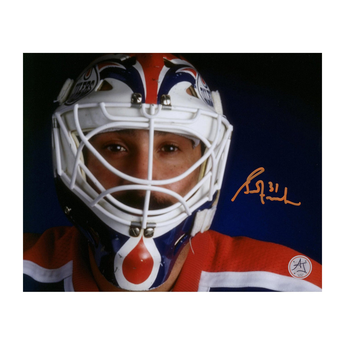 Grant Fuhr Signed Edmonton Oilers Mask Close-Up 8x10 photo product image 1, provided for visual reference and product detail
