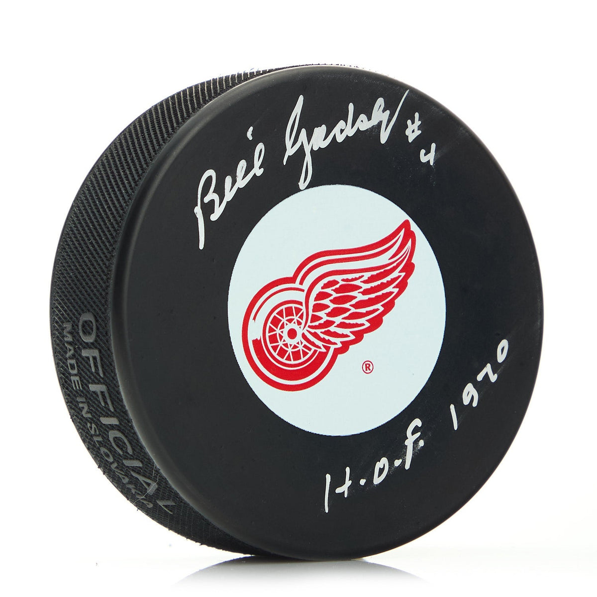 Bill Gadsby Autographed Detroit Red Wings Hockey Puck with HOF Note product image 1, provided for visual reference and
