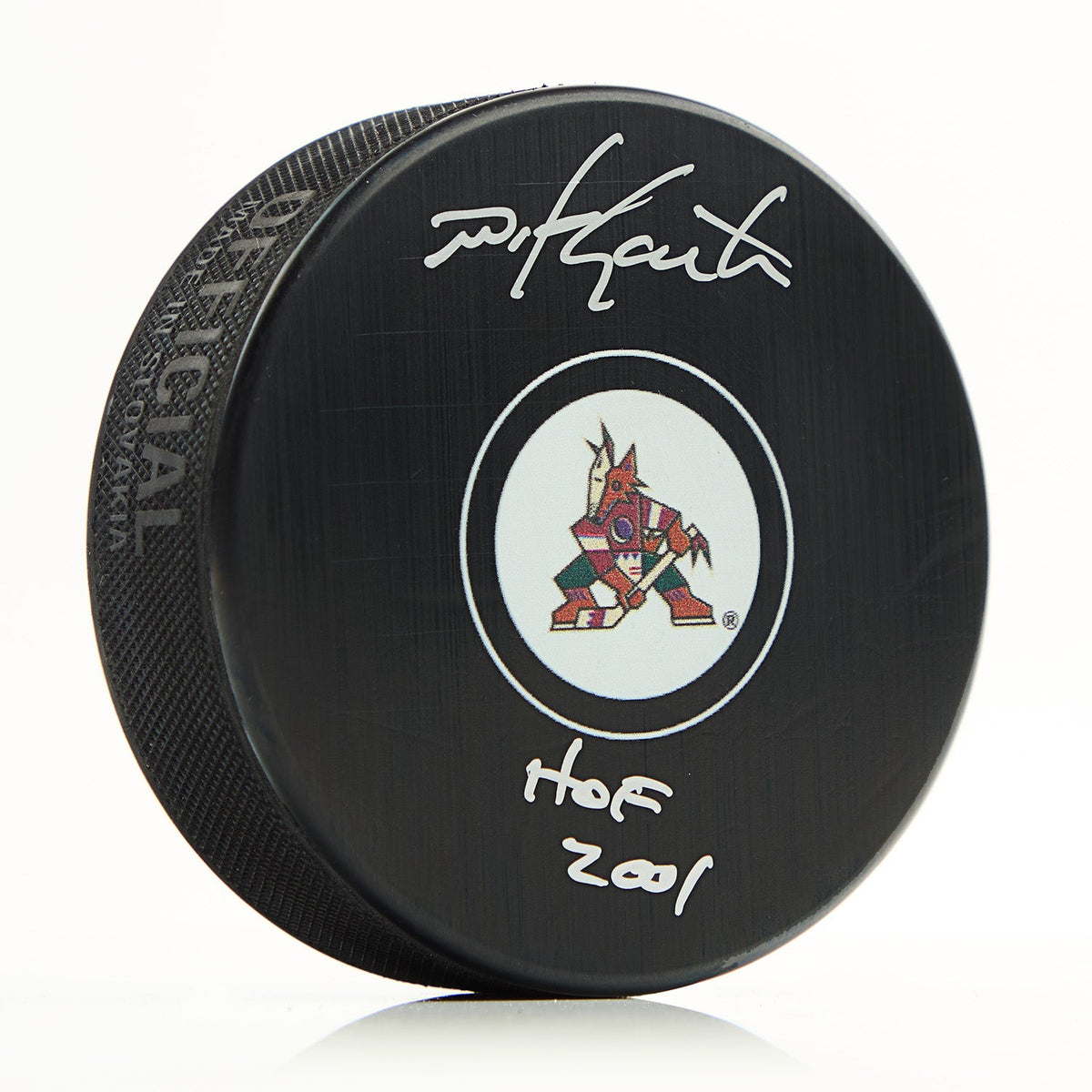 Mike Gartner Autographed Phoenix Coyotes Hockey Puck with HOF Note product image 1, provided for visual reference and