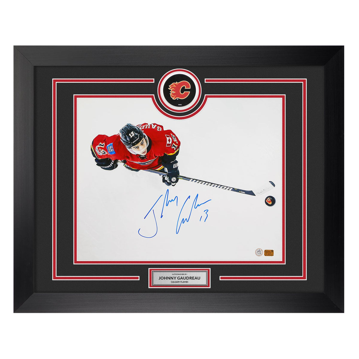 Johnny Gaudreau Signed Calgary Flames Puck Logo 26x32 Frame product image 1, provided for visual reference and product
