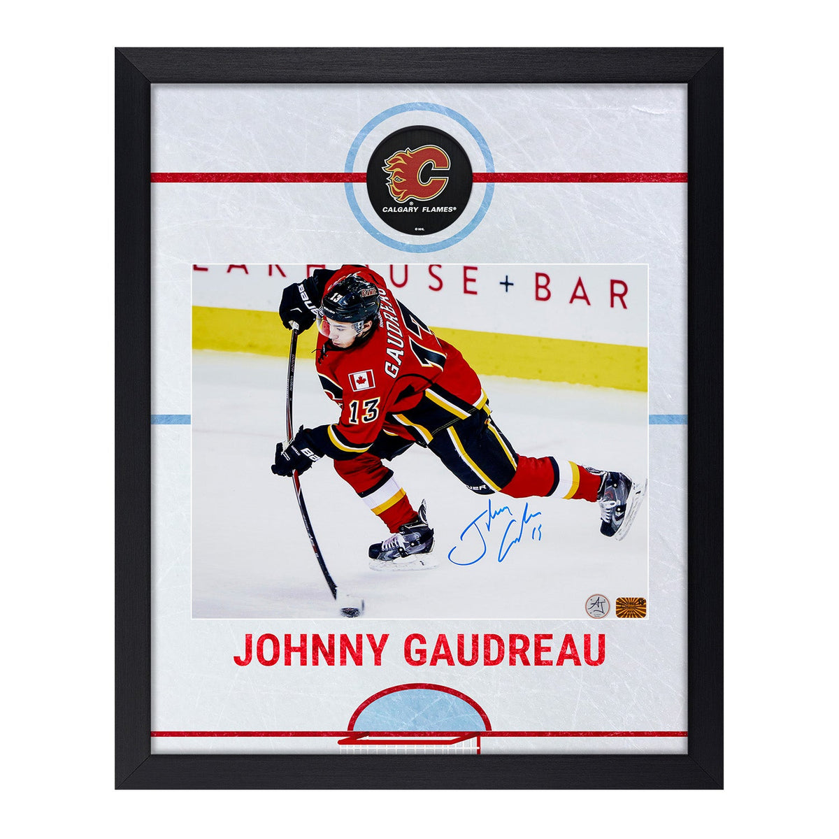 Johnny Gaudreau Signed Calgary Flames Graphic Rink 19x23 Frame product image 1, provided for visual reference and product