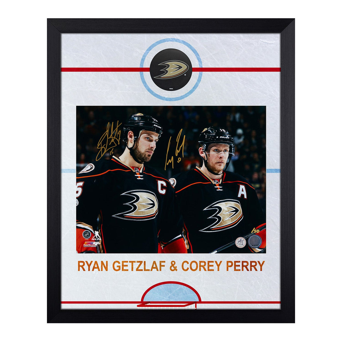 Ryan Getzlaf & Corey Perry Dual Signed Anaheim Ducks Graphic Rink 19x23 Frame product image 1, provided for visual reference
