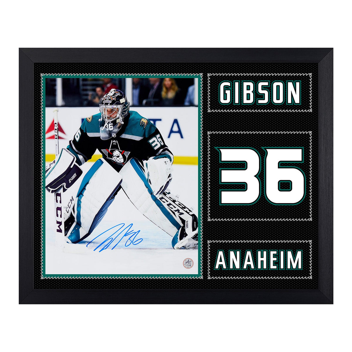John Gibson Autographed Anaheim Ducks Uniform Graphic 19x23 Frame product image 1, provided for visual reference and product