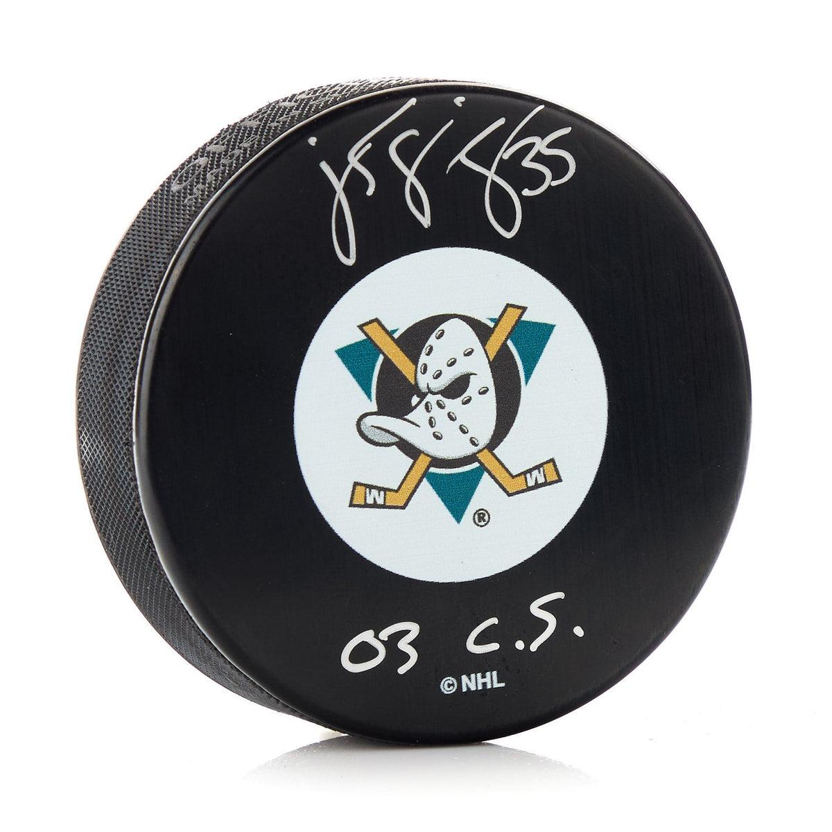 JS Giguere Signed Anaheim Ducks Hockey Puck product image 1, provided for visual reference and product detail review