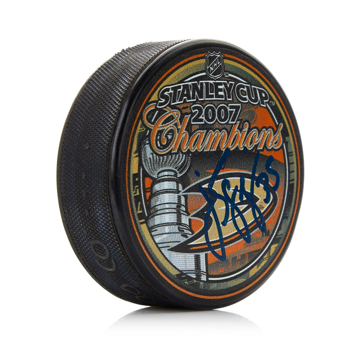 JS Giguere Signed Anahiem Ducks 2007 Stanley Cup Puck product image 1, provided for visual reference and product detail