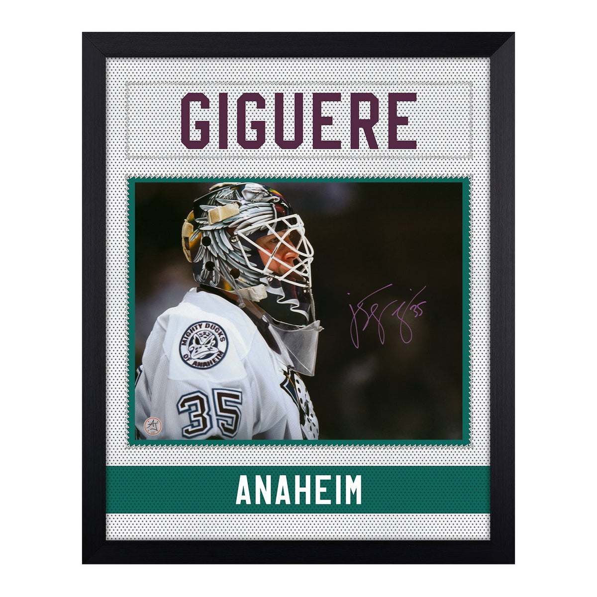JS Giguere Signed Anaheim Mighty Ducks Uniform Graphic 19x23 Frame product image 1, provided for visual reference and