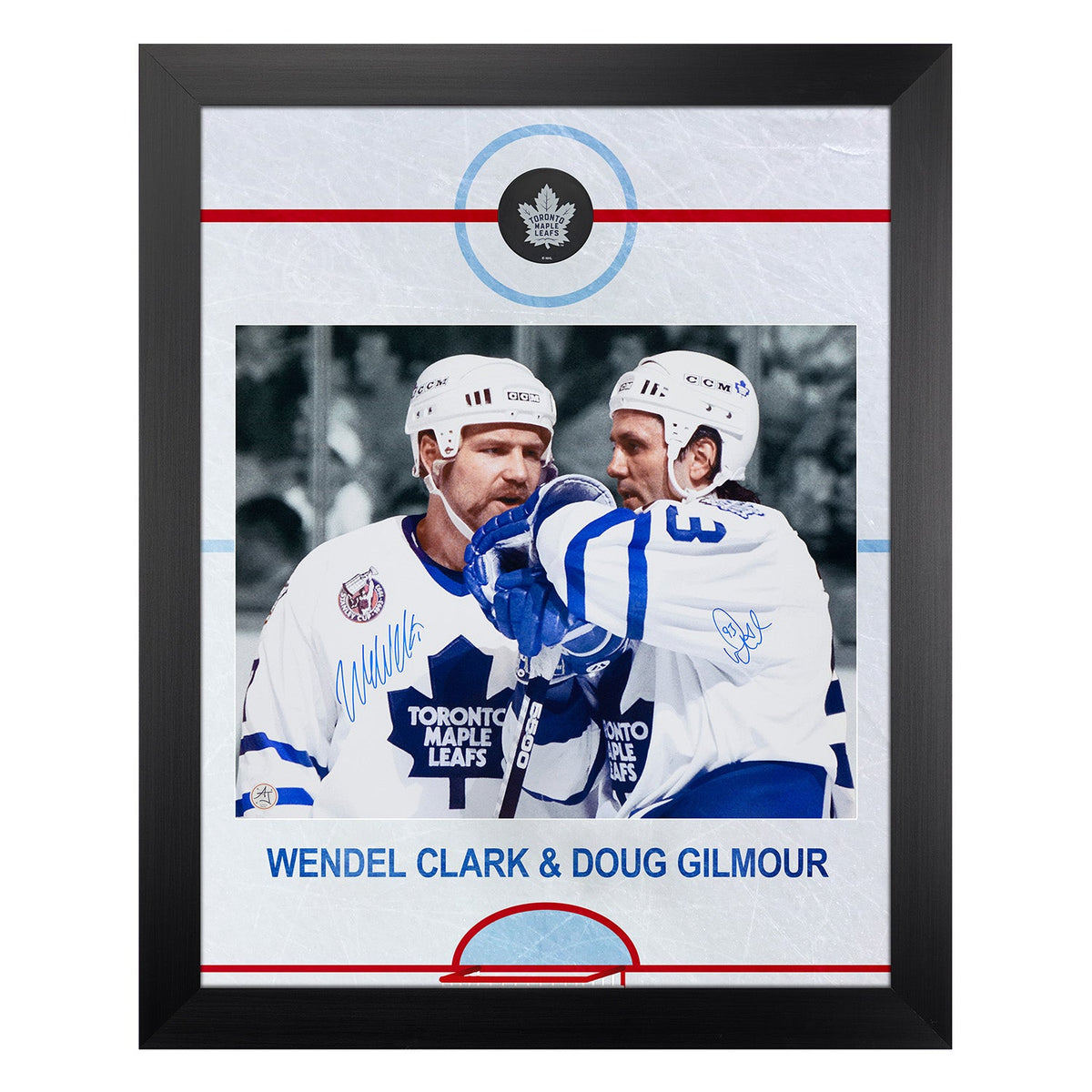 Doug Gilmour & Wendel Clark Dual Signed Maple Leafs Graphic Rink 26x32 Frame product image 1, provided for visual reference