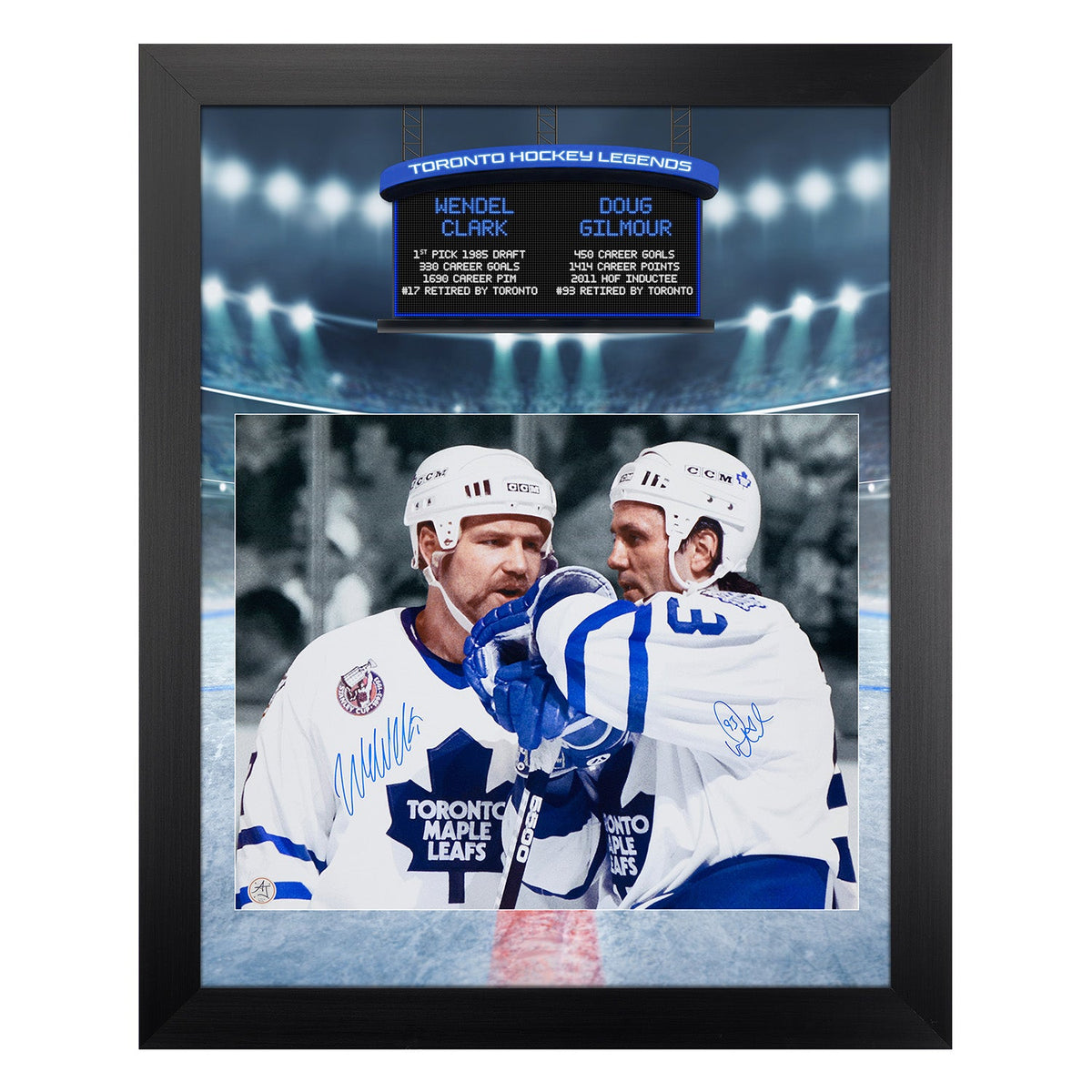 Doug Gilmour & Wendel Clark Dual Signed Maple Leafs Arena Graphic 26x32 Frame product image 1, provided for visual reference
