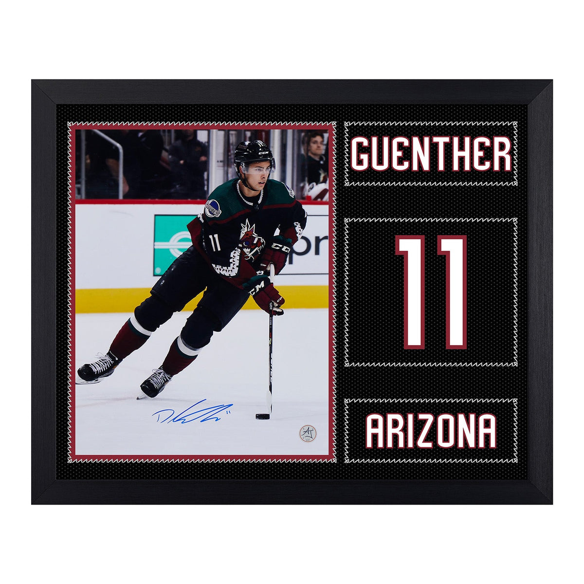Dylan Guenther Signed Arizona Coyotes Uniform Graphic 19x23 Frame product image 1, provided for visual reference and product