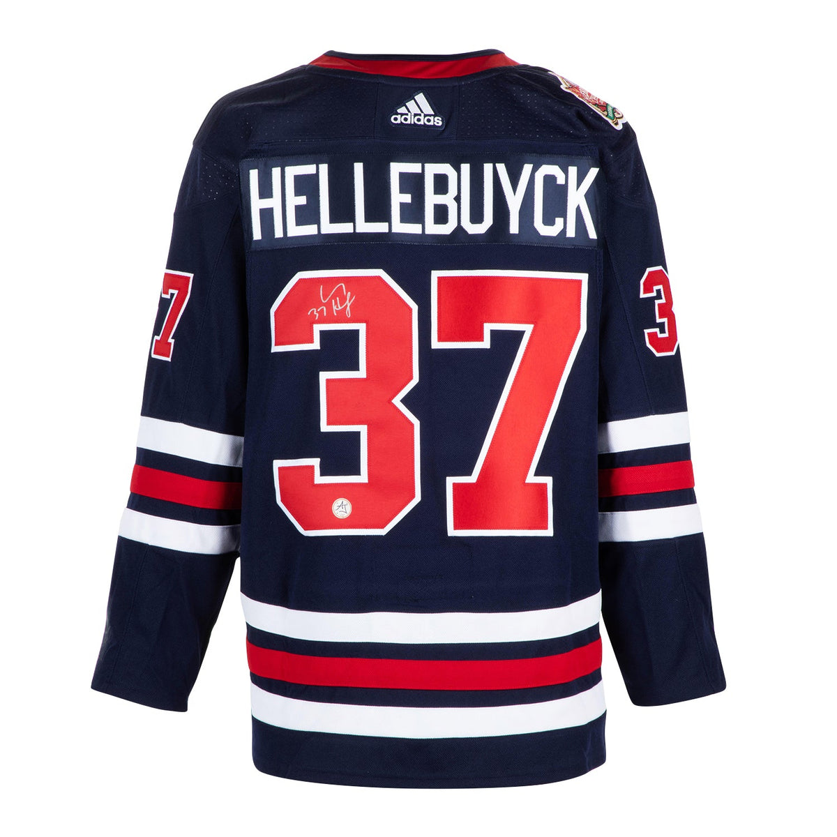 Connor Hellebuyck Signed Winnipeg Jets 2019 Heritage Classic adidas Jersey product image 1, provided for visual reference