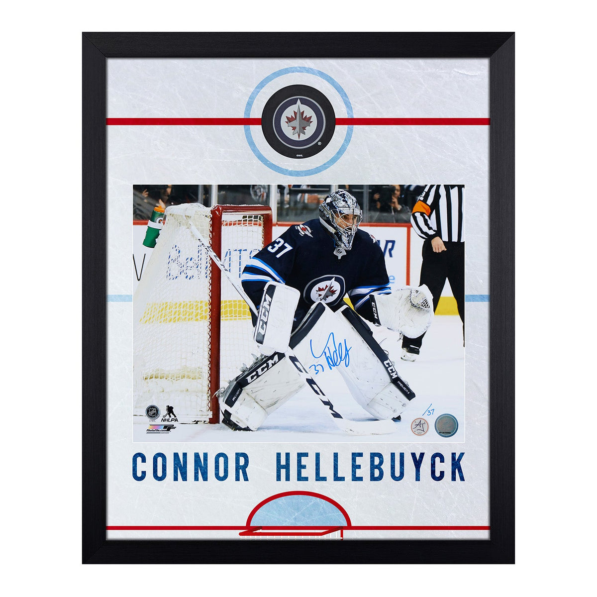 Connor Hellebuyck Signed Winnipeg Jets Graphic Rink 19x23 Frame product image 1, provided for visual reference and product