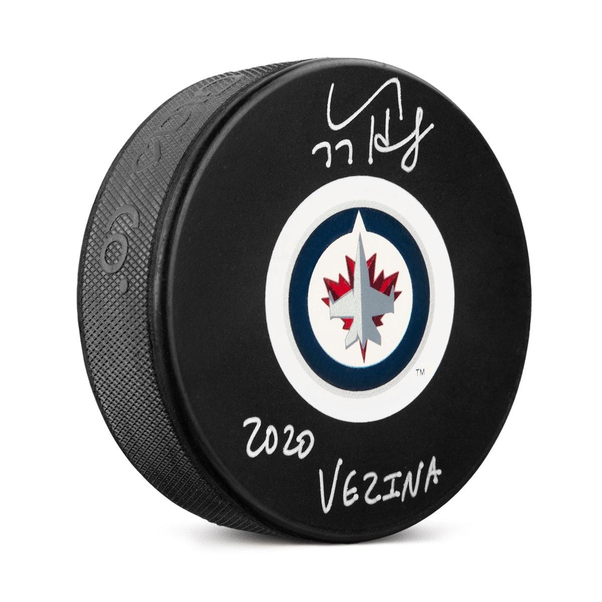 Connor Hellebuyck Signed Winnipeg Jets Hockey Puck with 2020 Vezina Note product image 1, provided for visual reference and