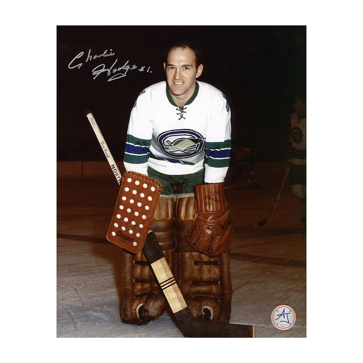 Charlie Hodge Oakland Seals Autographed Goalie 8x10 Photo product image 1, provided for visual reference and product detail