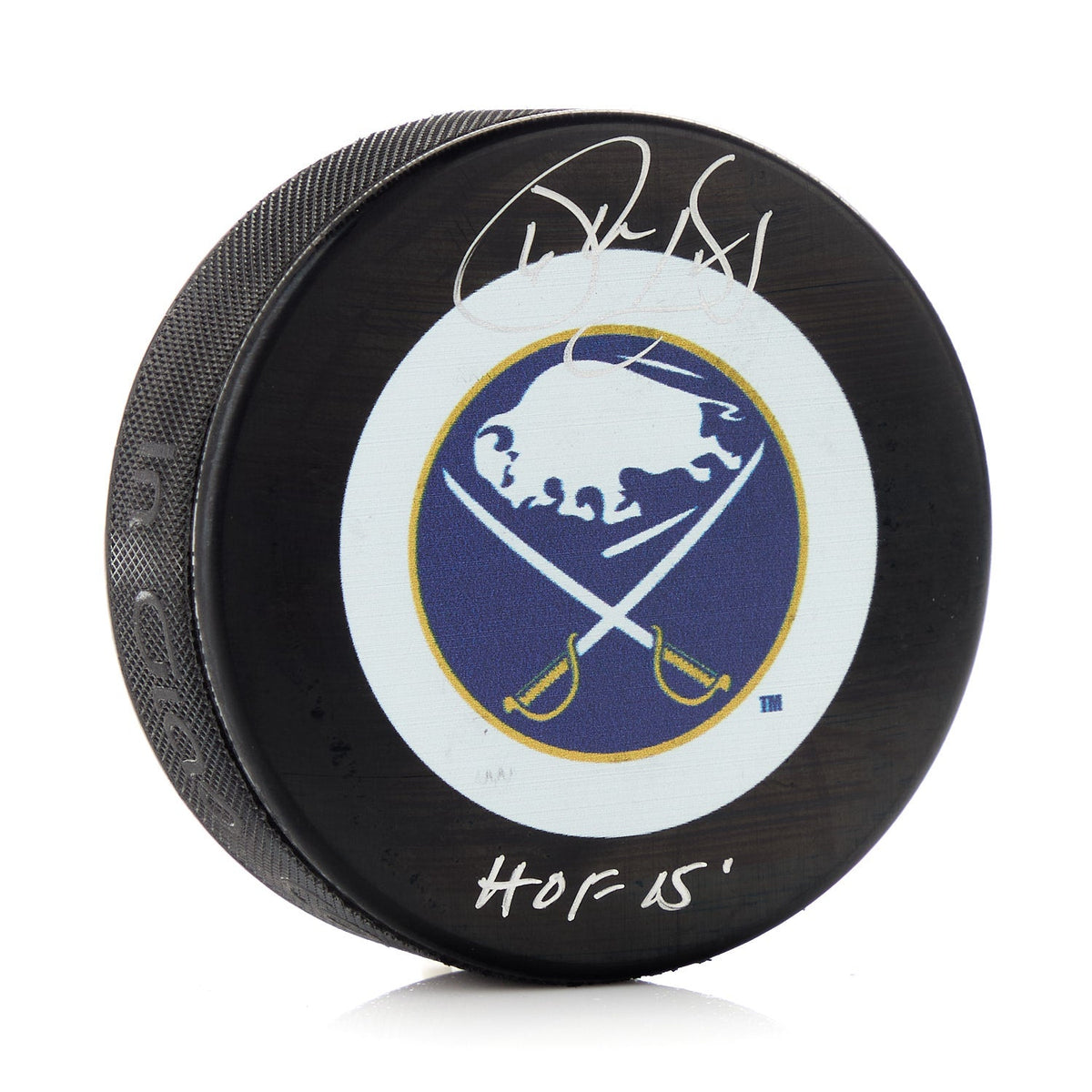 Phil Housley Autographed Buffalo Sabres Hockey Puck with HOF Note product image 1, provided for visual reference and product