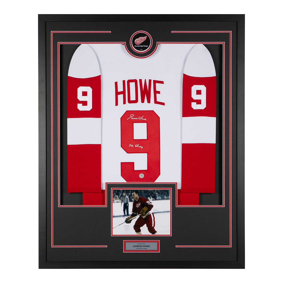 Gordie Howe Signed Detroit Red Wings Puck Logo 36x44 Jersey Frame product image 1, provided for visual reference and product