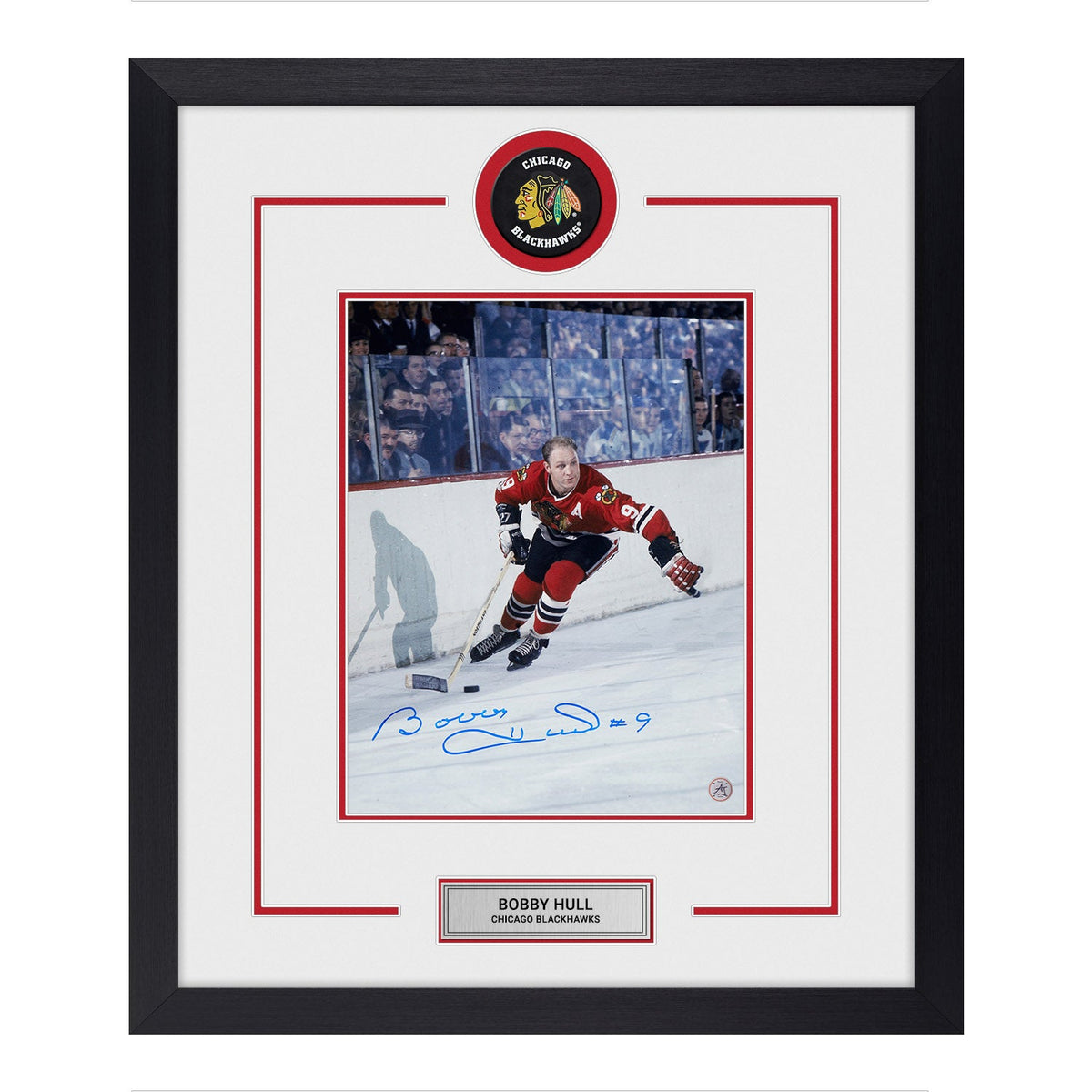 Bobby Hull Signed Chicago Blackhawks Puck Logo 23x27 Frame product image 1, provided for visual reference and product detail