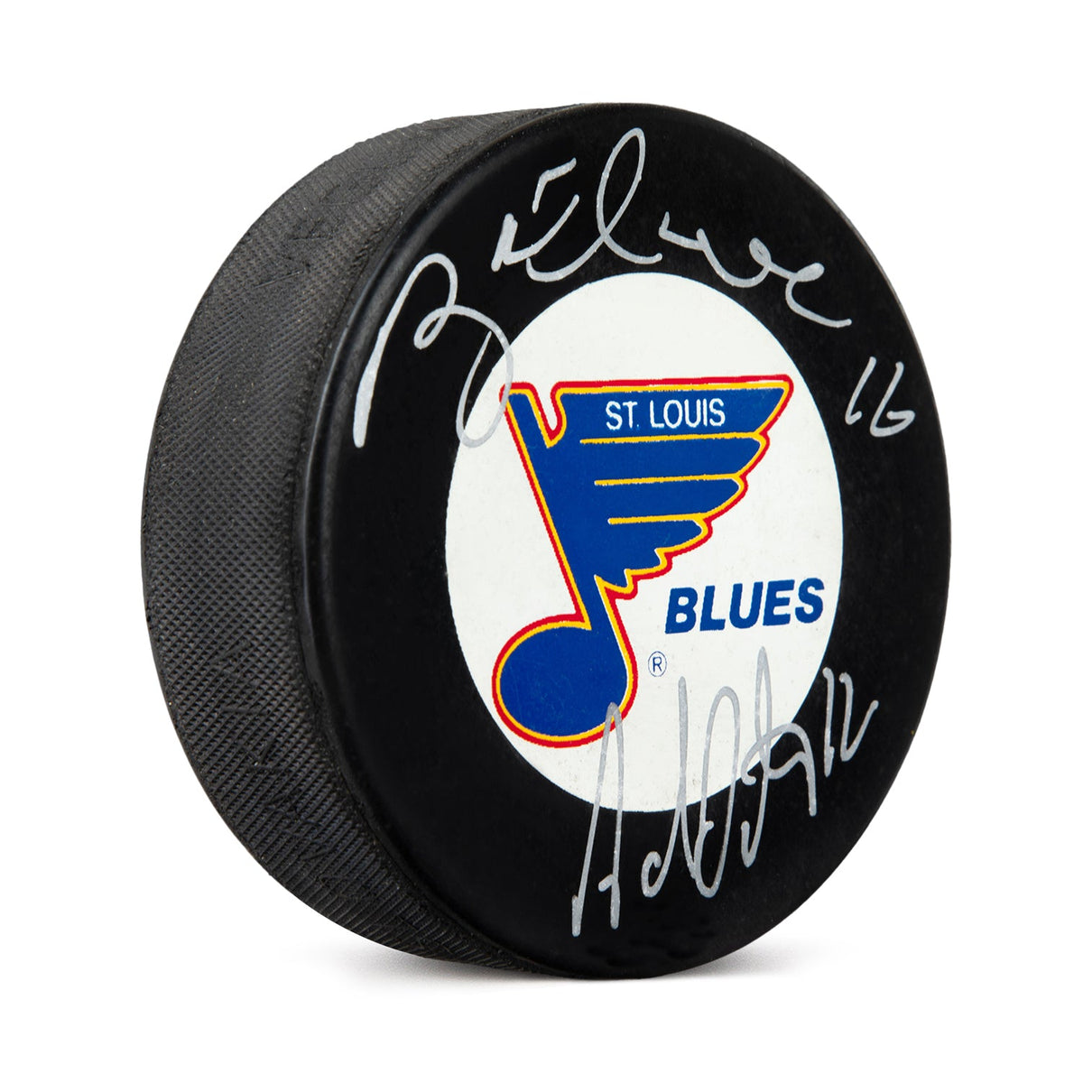 Brett Hull & Adam Oates Dual Signed St Louis Blues Vintage Puck product image 1, provided for visual reference and product