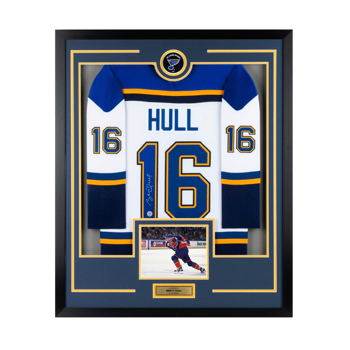 Brett Hull Signed St Louis Blues Puck Logo 36x44 Jersey Frame product image 1, provided for visual reference and product