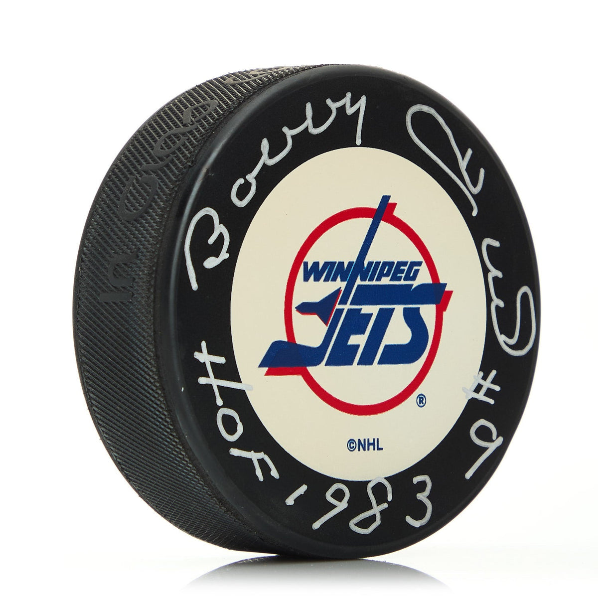 Bobby Hull Signed Winnipeg Jets Hockey Puck with HOF Note product image 1, provided for visual reference and product detail