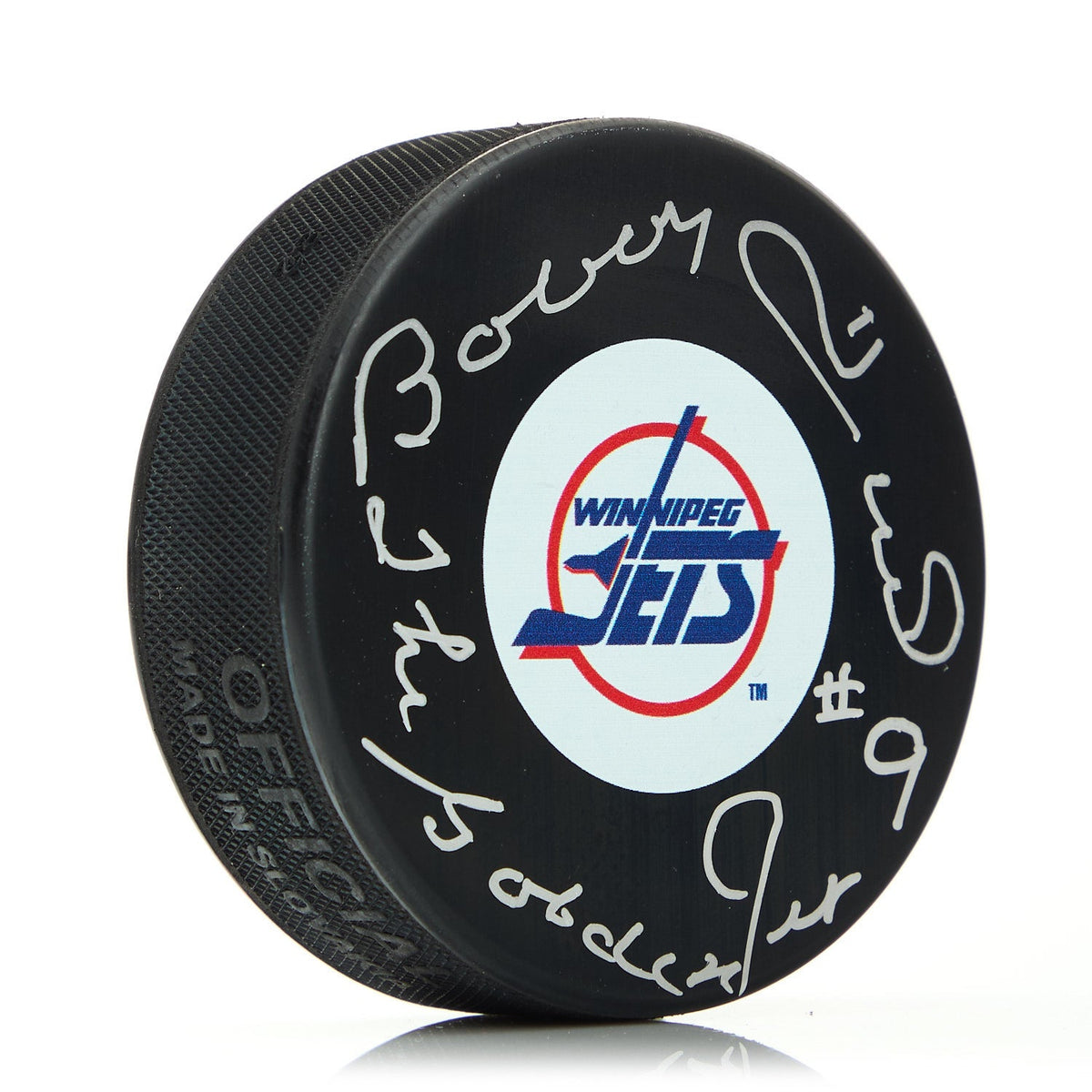 Bobby Hull Signed Winnipeg Jets Hockey Puck with Golden Jet Note product image 1, provided for visual reference and product