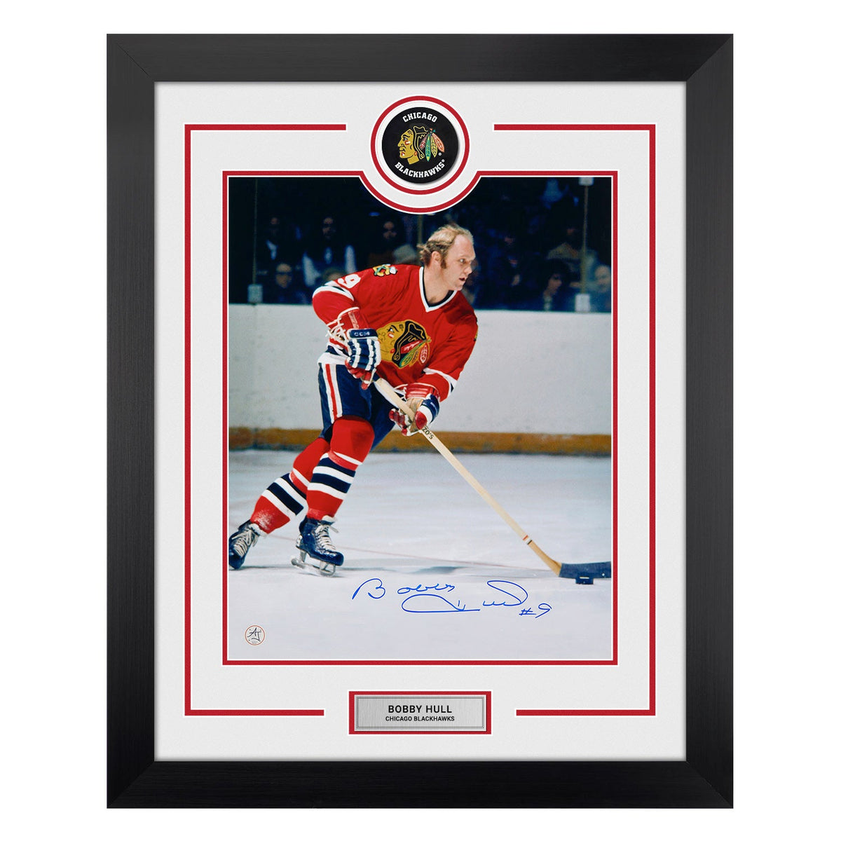 Bobby Hull Autographed Chicago Blackhawks Puck Logo 26x32 Frame product image 1, provided for visual reference and product