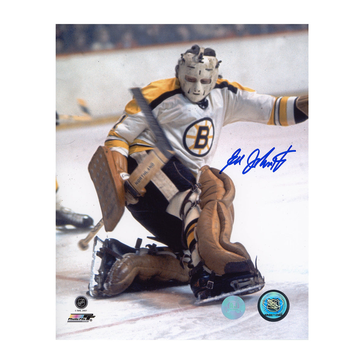 Ed Johnston Autographed Boston Bruins Kick Save 8x10 Photo product image 1, provided for visual reference and product detail