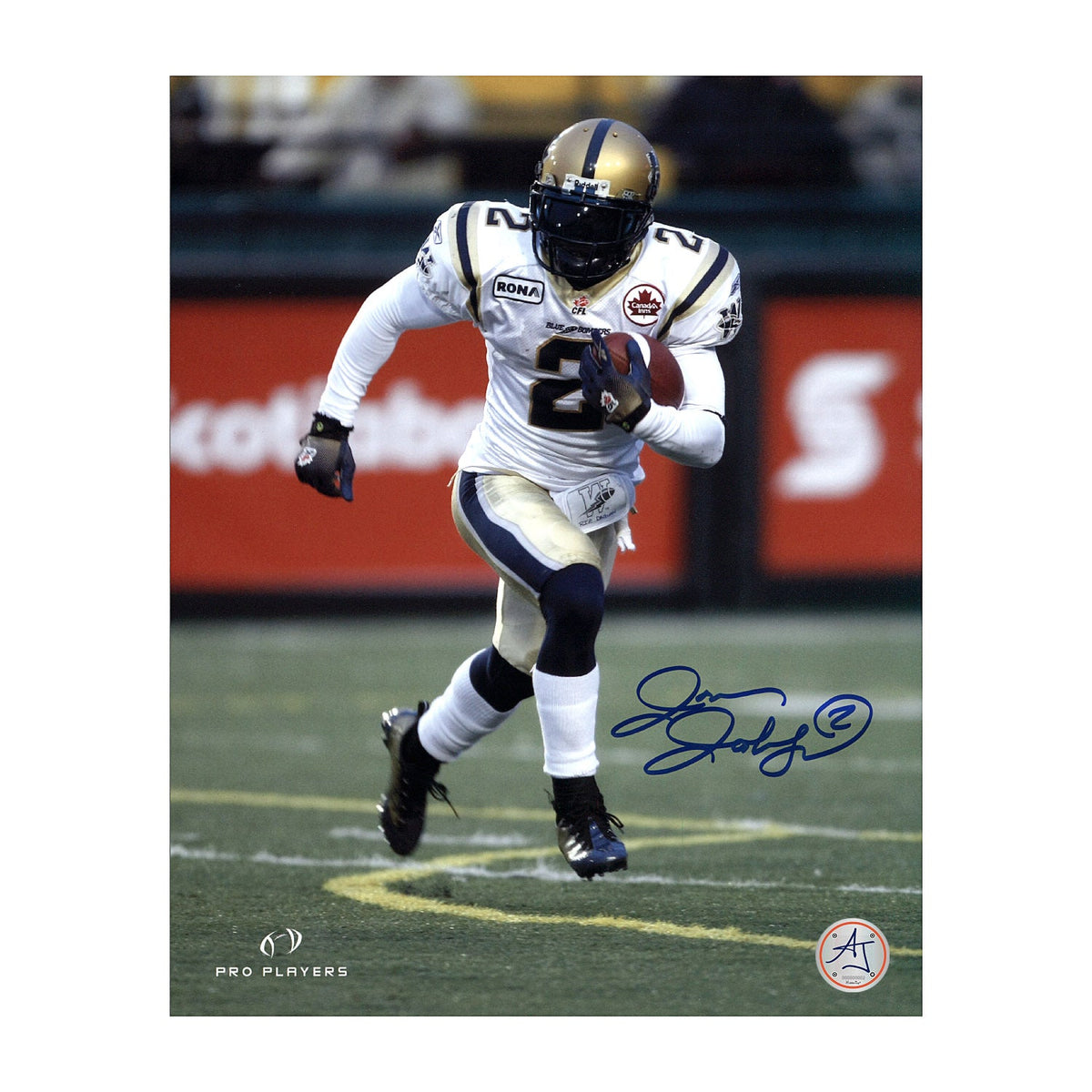 Jovon Johnson Autographed Winnipeg Blue Bombers Football 8x10 Photo product image 1, provided for visual reference and