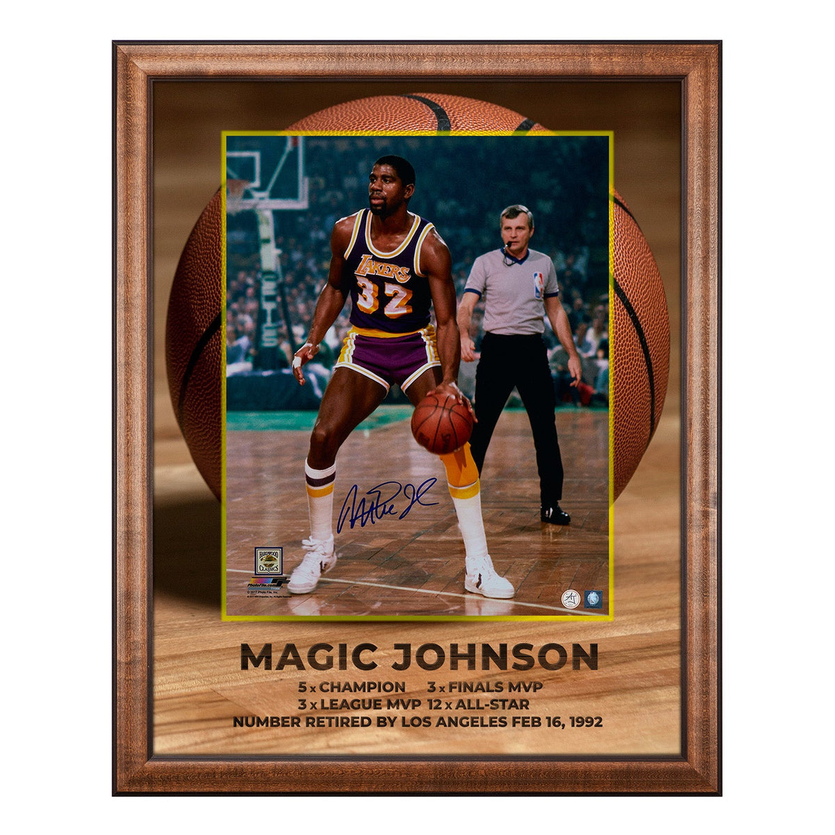 Magic Johnson Signed Los Angeles Lakers Basketball Graphic 26x32 Frame product image 1, provided for visual reference and