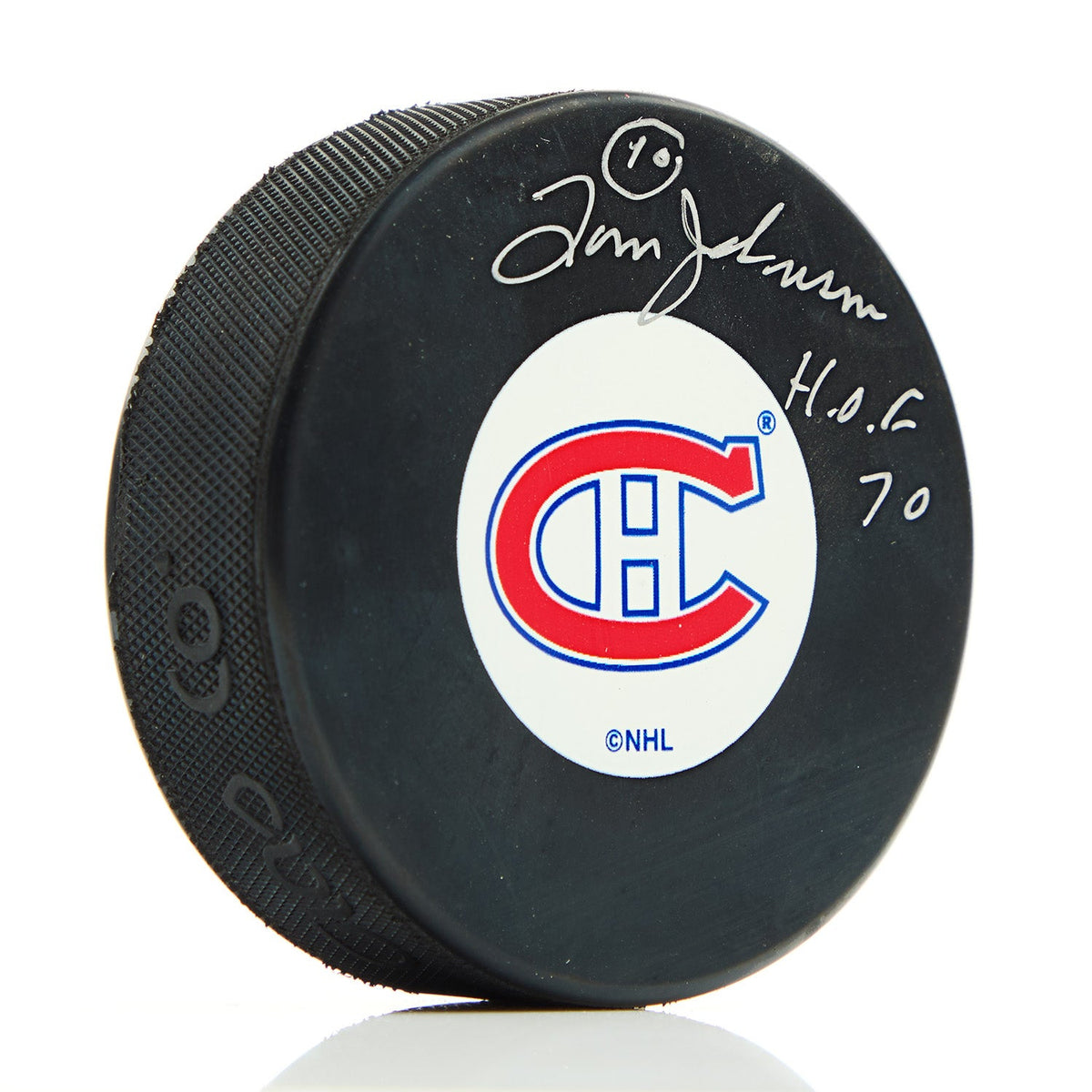 Tom Johnson Signed Montreal Canadiens Hockey Puck with HOF Note product image 1, provided for visual reference and product