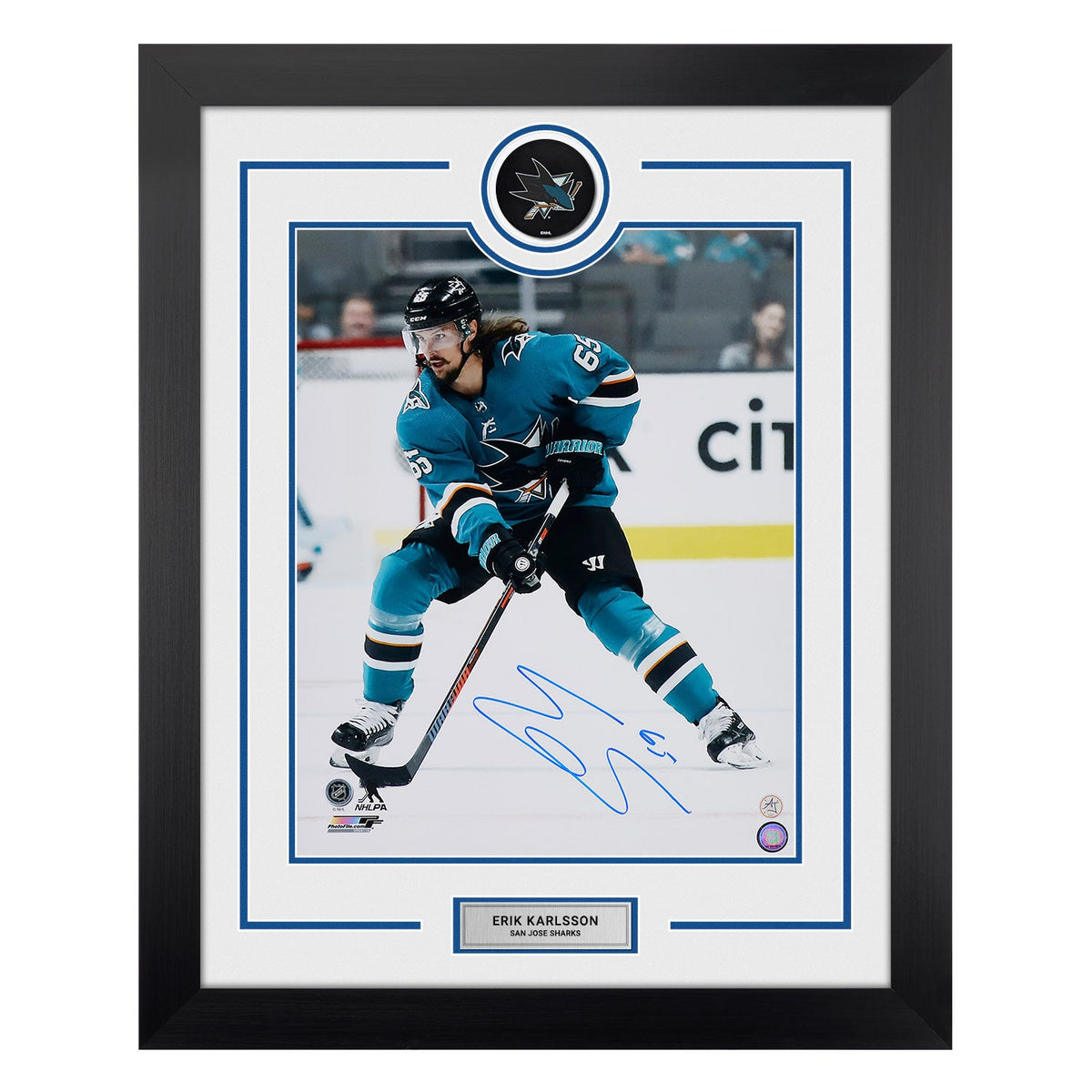 Erik Karlsson Signed San Jose Sharks Puck Logo 26x32 Frame product image 1, provided for visual reference and product detail