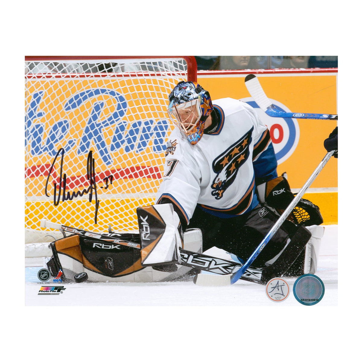 Olaf Kolzig Signed Washington Capitals Kick Save 8x10 Photo product image 1, provided for visual reference and product