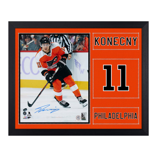 Travis Konecny Signed Philadelphia Flyers Uniform Graphic 19x23 Frame product image 1, provided for visual reference and