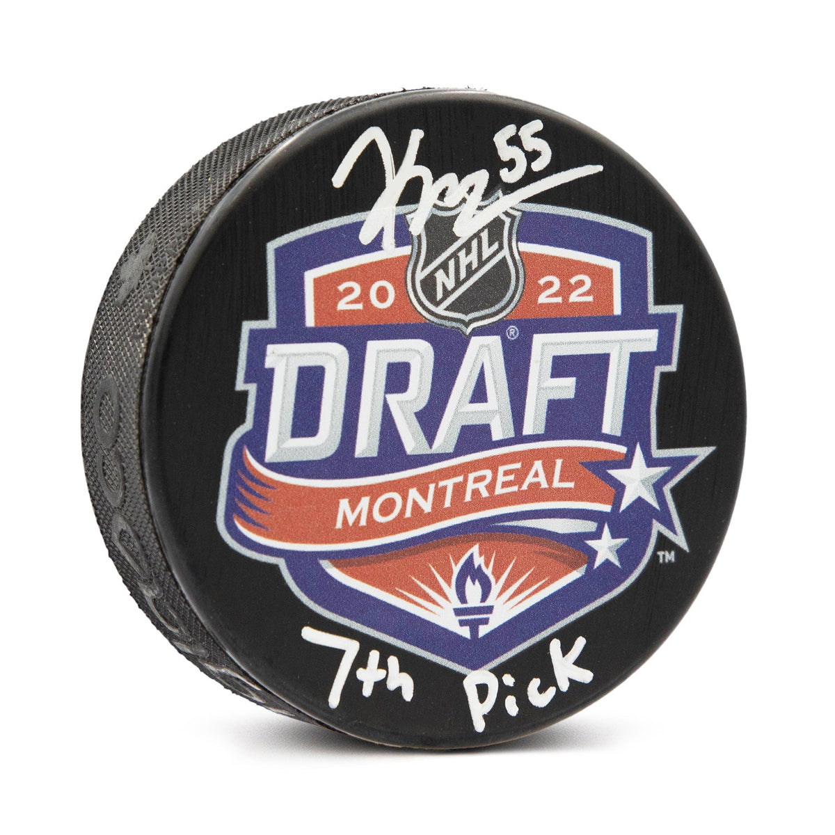 Kevin Korchinski Signed 2022 NHL Entry Draft Puck with 7th Pick Note product image 1, provided for visual reference and