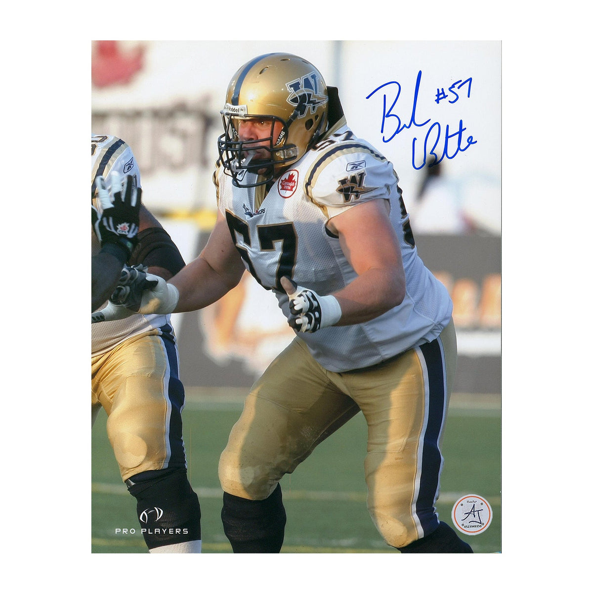 Brendon Labatte Autographed Winnipeg Blue Bombers Football 8x10 Photo product image 1, provided for visual reference and