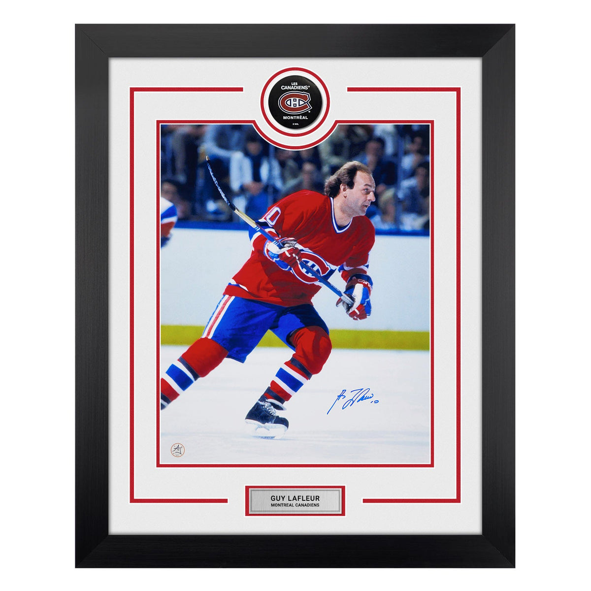 Guy LaFleur Signed Montreal Canadiens Puck Logo 26x32 Frame product image 1, provided for visual reference and product