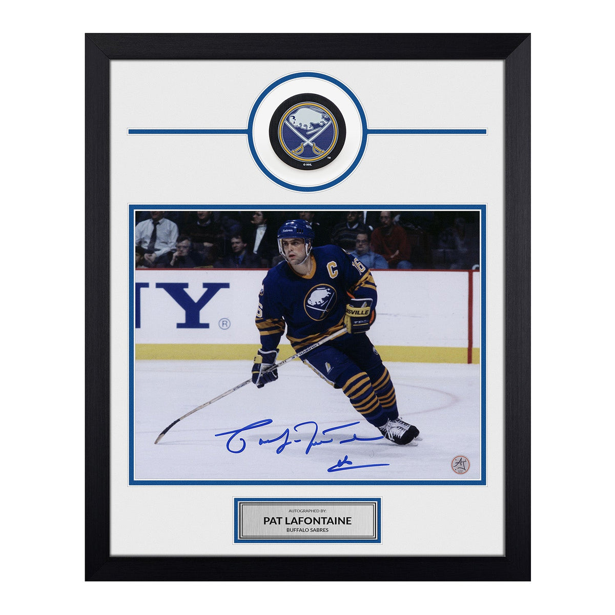 Pat LaFontaine Signed Buffalo Sabres Puck Logo 19x23 Frame product image 1, provided for visual reference and product detail