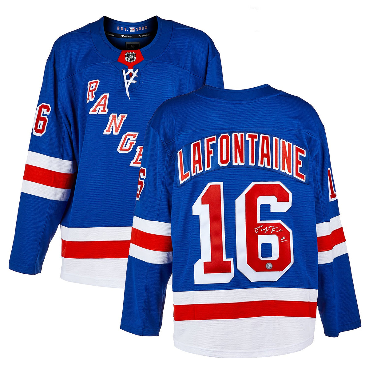 Pat LaFontaine Autographed New York Rangers Fanatics Breakaway Jersey product image 2, provided for visual reference and