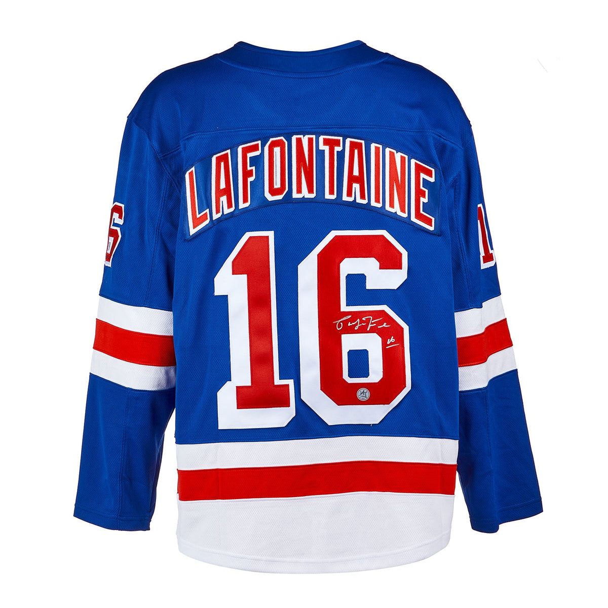 Pat LaFontaine Autographed New York Rangers Fanatics Breakaway Jersey product image 1, provided for visual reference and