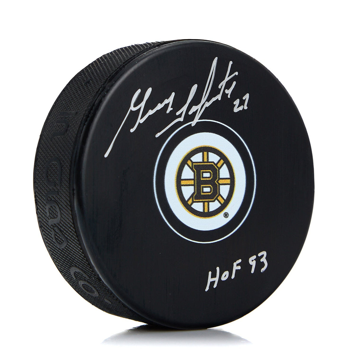 Guy Lapointe Autographed Boston Bruins Hockey Puck with HOF Note product image 1, provided for visual reference and product