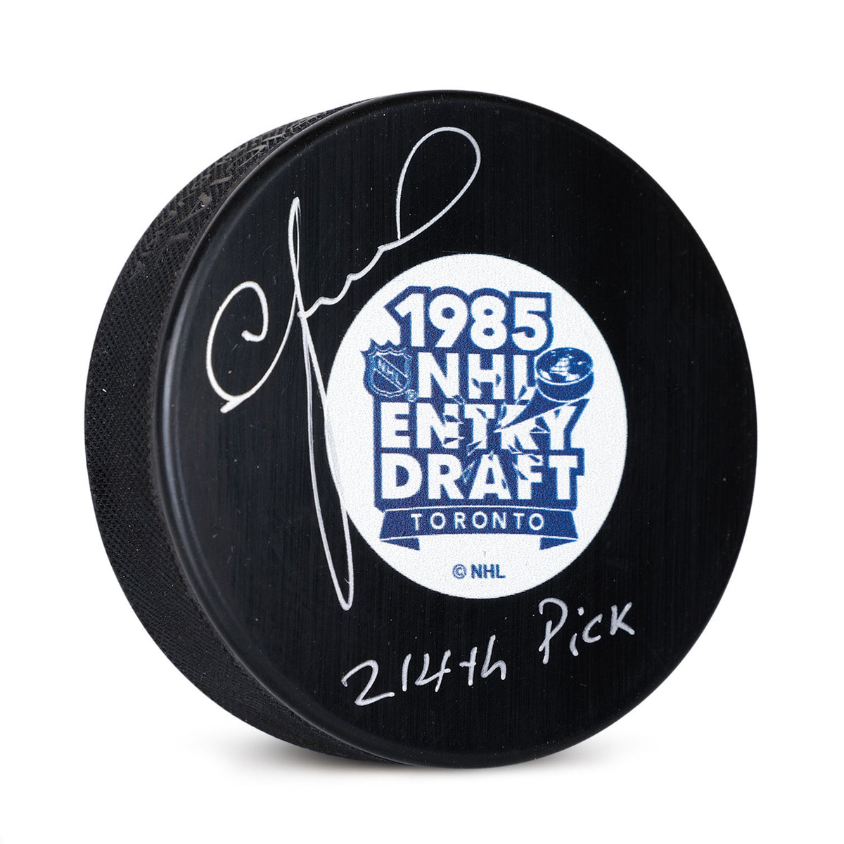 Igor Larionov Signed 1985 NHL Entry Draft Puck with 214th Pick Note product image 1, provided for visual reference and