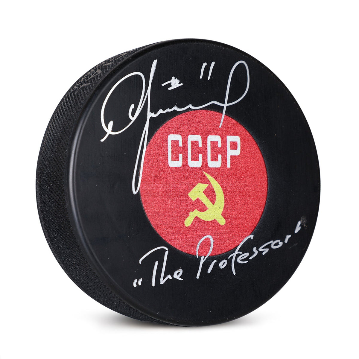 Igor Larionov Signed Soviet Union Hockey Puck with The Professor Note product image 1, provided for visual reference and