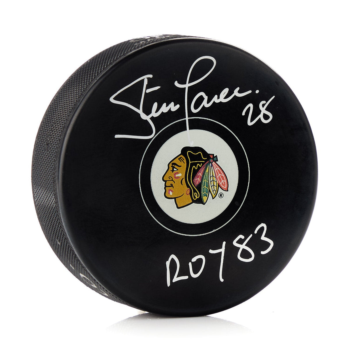 Steve Larmer Signed Chicago Blackhawks Hockey Puck with ROY 83 Note product image 1, provided for visual reference and