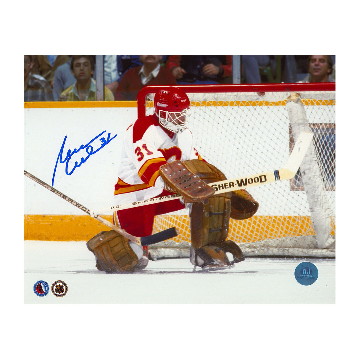 Reggie Lemelin Autographed Calgary Flames Kick Save 8x10 Photo product image 1, provided for visual reference and product