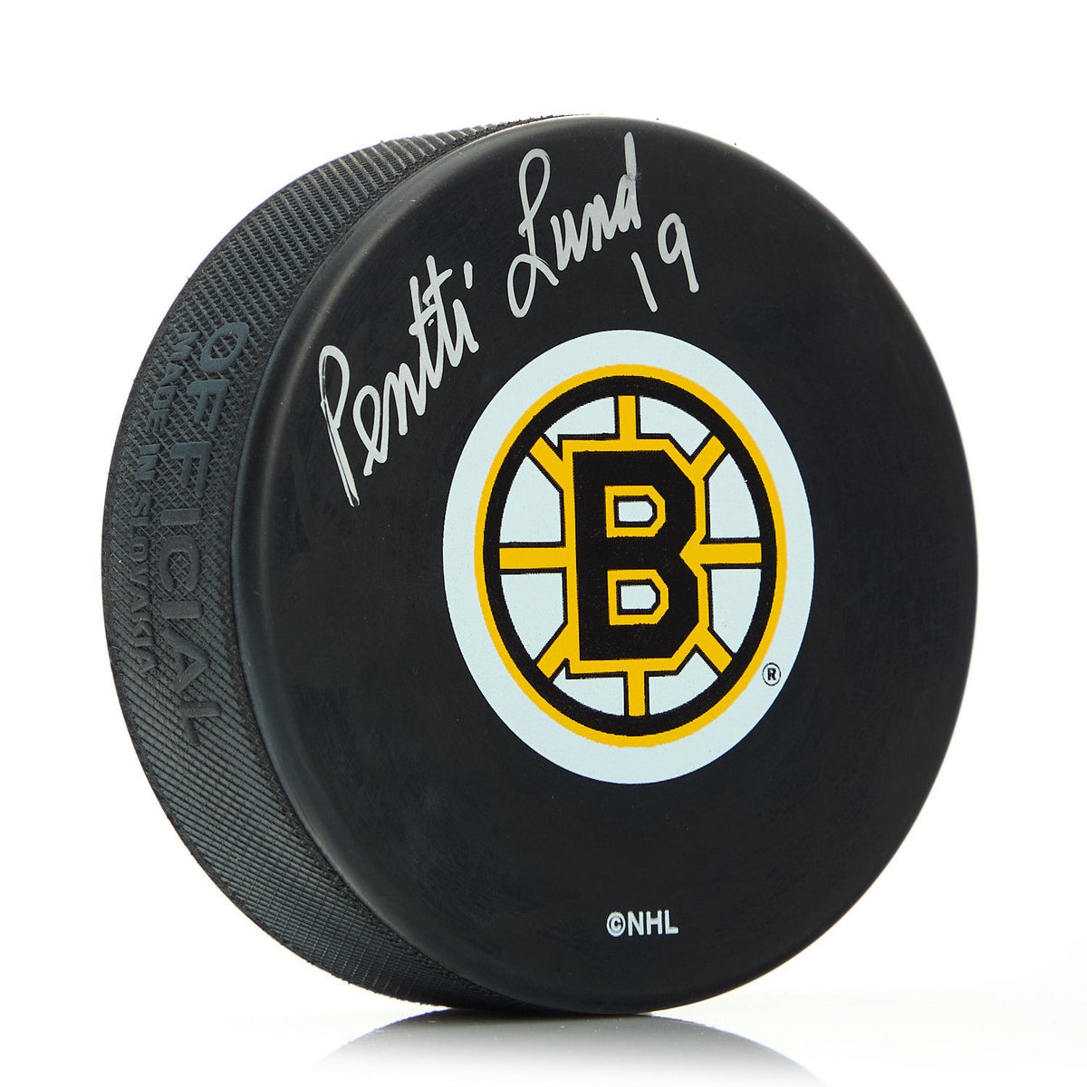 Pentti Lund Boston Bruins Autographed Hockey Puck product image 1, provided for visual reference and product detail review