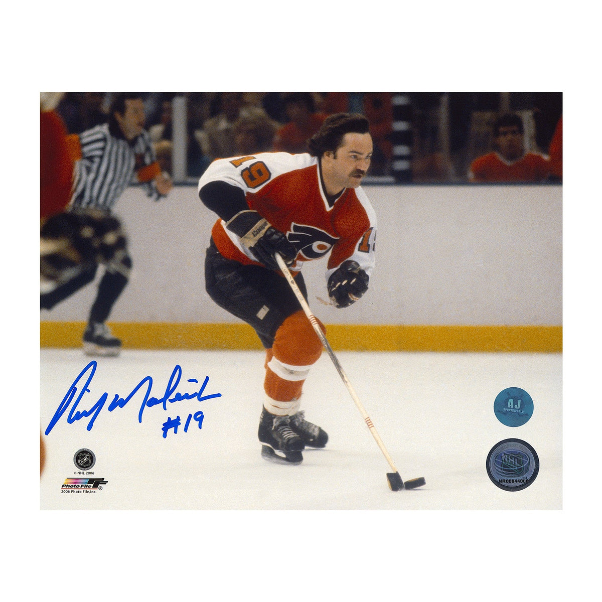 Rick MacLeish Autographed Philadelphia Flyers Puck Rush 8x10 Photo product image 1, provided for visual reference and