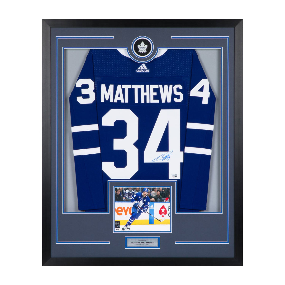 Auston Matthews Signed Toronto Maple Leafs Puck Logo 36x44 Jersey Frame product image 1, provided for visual reference and