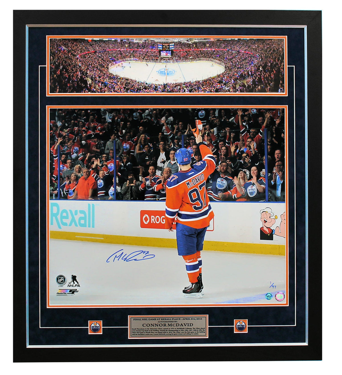 Connor McDavid Edmonton Oilers Signed Final Game At Rexall 31x35 Frame #/97 product image 1, provided for visual reference